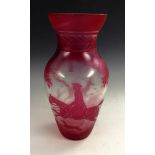 A Bohemian pink glass baluster vase, pink and clear flash cameo cut to depict a hunting scene,