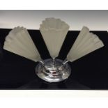 A Bagley Art Deco table centrepiece, with three frosted glass flutes, chrome fittings, c.