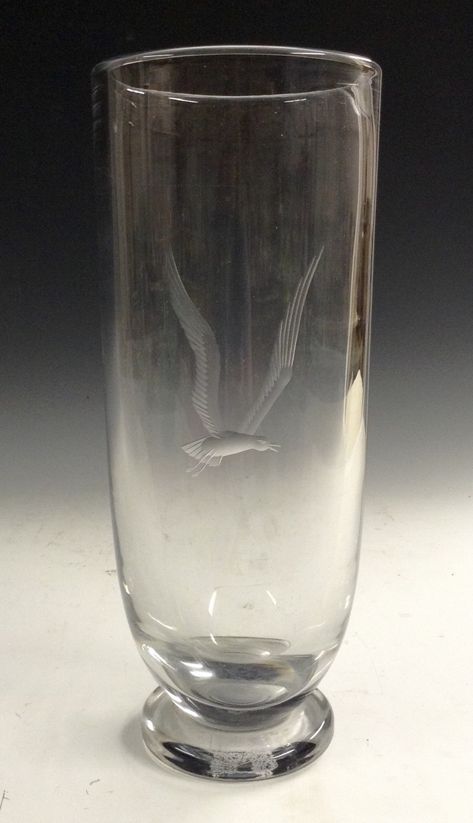 A Keith Murray for Stevens and Williams cylindrical glass vase, engraved with a sea gull in flight,