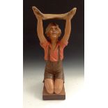 An Art Deco plaster figure, Boy Kneeling  with Arms Aloft, marked OP 416, Rd 828834. 61cm high, c.