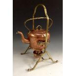 A GNB Continental Muster Gesetzl Gesch copper and brass spirit kettle on stand, with burner,
