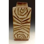 A Carstens West German mottled brown rectangular floor vase, the front in relief with geometrically,