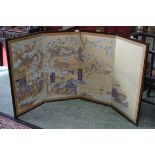 A Japanese watercolour, four panel wall hanging, figures and  interior scenes,