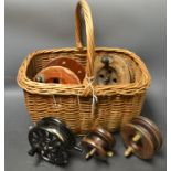 Fishing - 3 Scarbough style sea reels & others in a wicker basket (6)