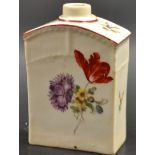 A German tea canister, painted with floral sprigs and spray, ozier moulded border, iron-red rim,