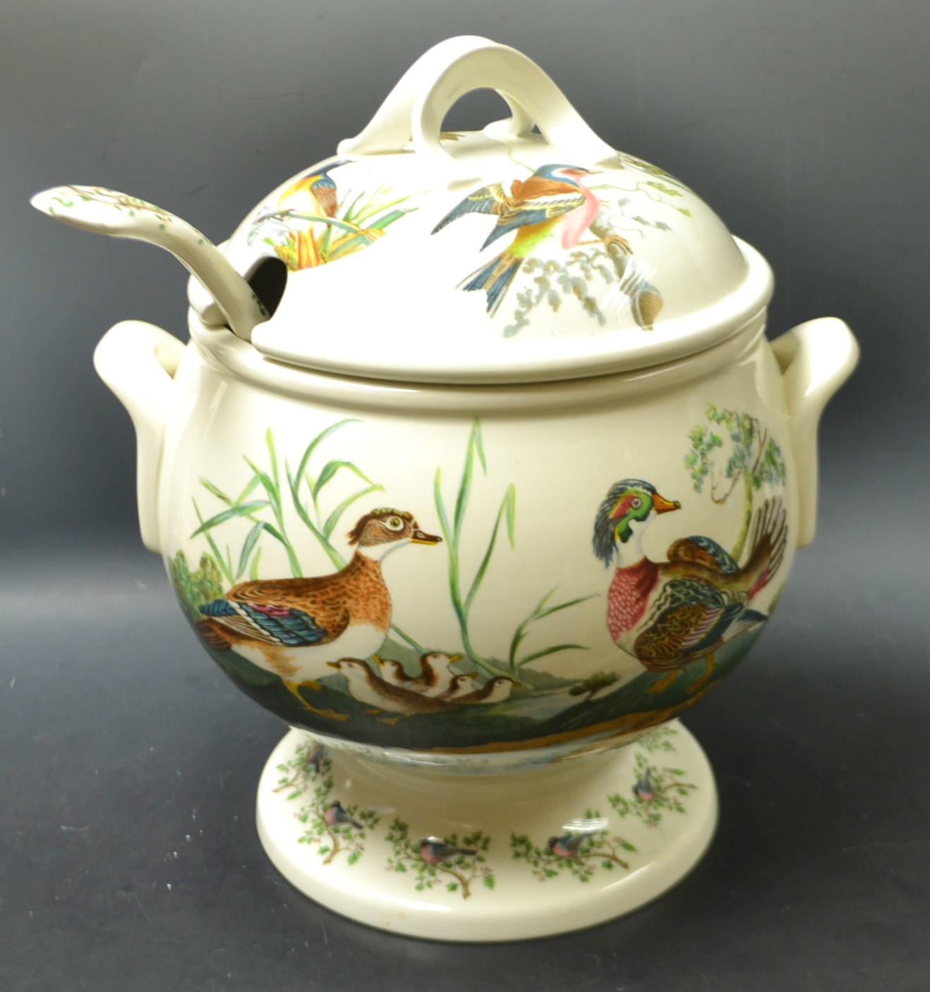 A Portmerion birds of Britain pattern soup/punch bowl and cover with ladle, designed by E Donovan,