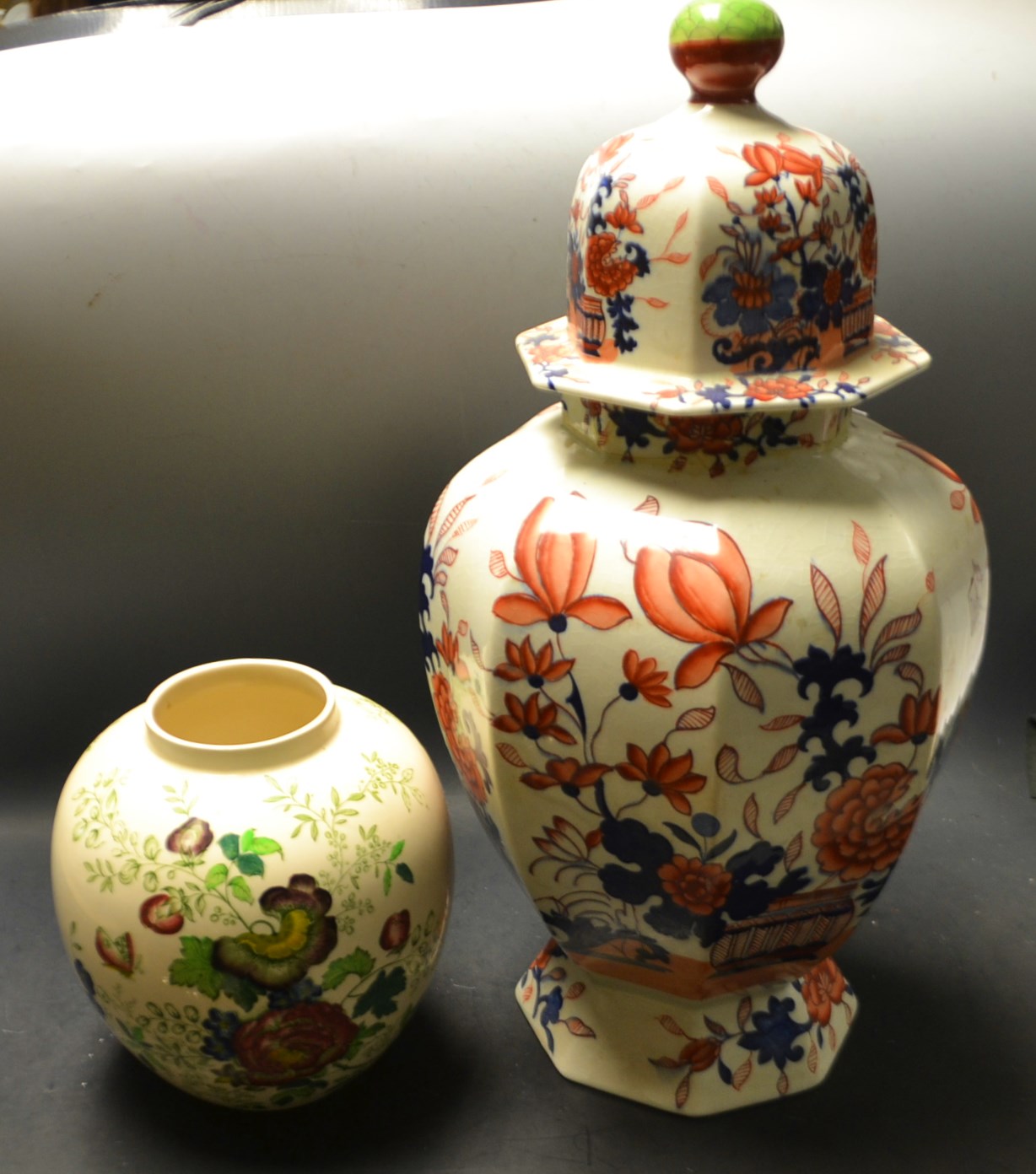 A large  Mason's vase and cover decorated with flowers;