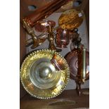 A Victorian brass hand bell; a copper French art cigarette lighter; a brass alms dish; a copper mug;