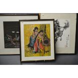 A Chinese silk screen print, horse, signed; two others,