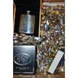 Silver and Silver plate - assorted silver and plated souvenir spoons, two silver plated hip flasks,