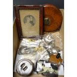 A Dean leather cased tailors cloth tape measure, assorted international coinage,