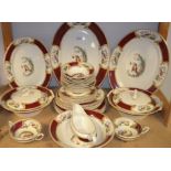 A Myott dinner service decorated with a peacock on a red ground comprising, tureens, gravy boat,