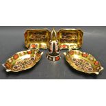 Royal Crown Derby - an 1128 Imari candle snuffer; a pair of oval trinket dishes other rectangular,