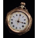 A continental 9ct glad and enamelled lady's fob watch, octagonal case,