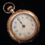 A continental lady's 14ct gold fob watch, cream and gilt dial, Arabic numerals,