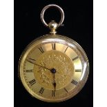 A late 19th century continental 18ct gold lady's fob watch, gold coloured floral dial,