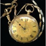 A Victorian 18ct gold open face fob watch, gold floral dial, Roman numerals, minute track,