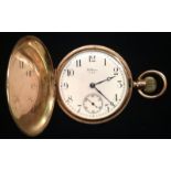 A Waltham 9ct gold hunter pocket watch, white dial, bold Arabic numerals, minute track,