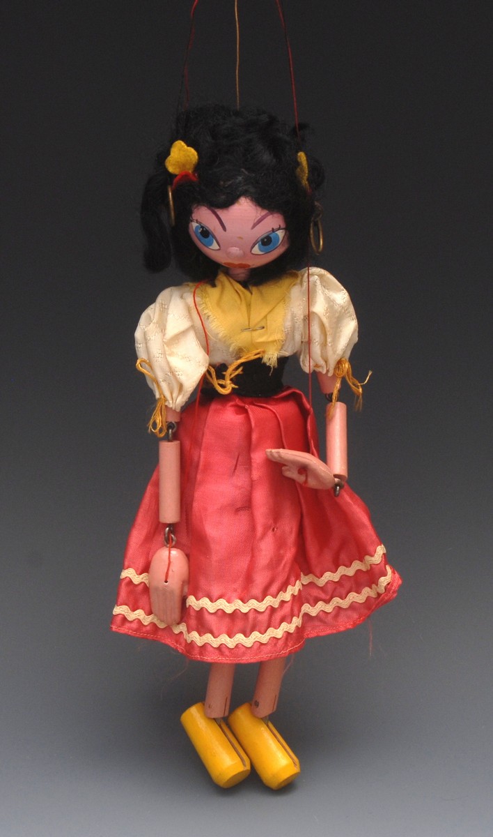 SS Gypsy - Pelham Puppets SS Range, wooden ball head, black hair, painted features, blue eyes,