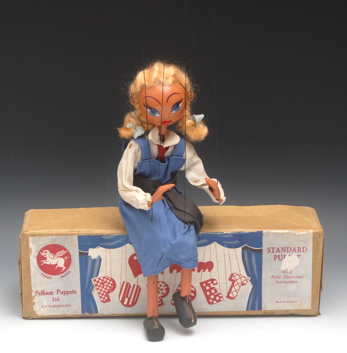 SS School Girl - very rare, Pelham Puppets SS Range, round wooden head, painted features, blue eyes,