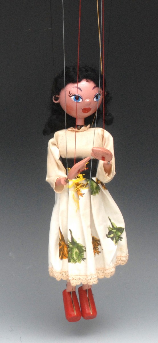 SS Mitzi- Pelham Puppets SS Range, wooden ball head, black hair, painted features, blue eyes,