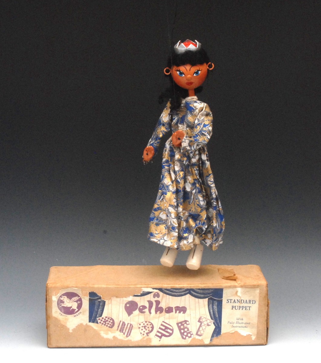 SS Queen - Pelham Puppets SS Range, wooden ball head, black  hair, with crown,  painted features,