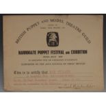 British Puppet and Model Theatre Guild certificate, awarded to Bob Pelham (1919-1980),