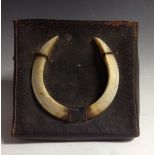 An unusual early 20th century leather box, mounted with wild boar tusks and lined with hide,