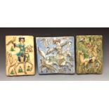 A Middle Eastern square tile, boldly moulded with a hunting scene, crackel blue ground, 19cm high,