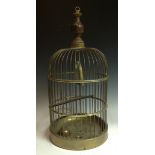 A late Victorian gilt brass domed bird cage, turned baluster finial with brass suspension loop,