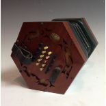 A 19th century mahogany concertina, by Rock Chidley, London, forty ivory keys,