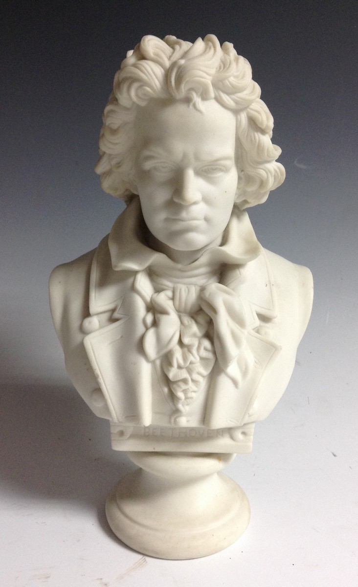 A parian ware library bust, of Ludwig van Beethoven, waisted socle,