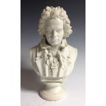 A parian ware library bust, of Ludwig van Beethoven, waisted socle,