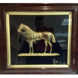 A 19th century gilt bronze plaque, cast as a racehorse, rosewood frame, 31cm x 31.