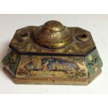 A late 19th century canted bombe shaped inkwell, decorated in the Chinoiserie taste,