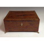A George III burr yew rectangular box, hinged cover with inlaid Greek key border,