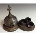 A 19th century Middle Eastern Islamic silver damascened brass hanging mosque lamp,