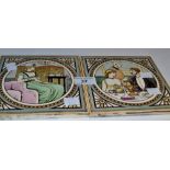 Two Mintons tiles depicting a Lady taking tea and a Lady at  dinner