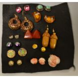 Earrings - a pair of copal amber crescent studs;  a pair of hard stone pyramid studs;  others,