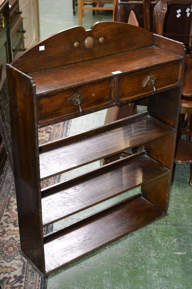 Art Deco oak bookcase with shaped top and two drawers