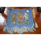 A bead work banner, decorated with a lion and unicorn, with a royal cypher,