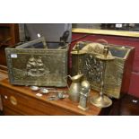 Metalware - horse brasses; brass covered log box; brass panelled magazine rack; brass miniatures;