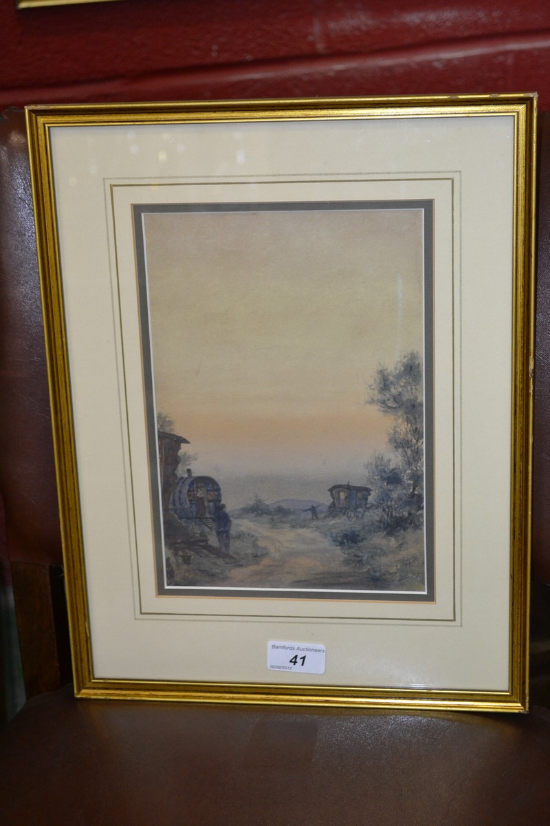 Graham May (20th century)
Gypsy Encampment
watercolour, 24cm x 16.