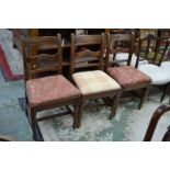 Three mahogany dining chairs, horizontal carved splat, padded seat, turned forelegs.