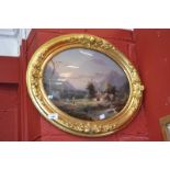 English school, (late 19th century), Cottage by the stream, monogrammed, reverse painting on glass,