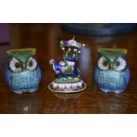 Miniature enamel Indian elephant and two cloissone owls