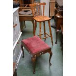 A walnut veneered dressing table stool, drop in seat, cabriole legs,