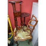 A mahogany serpentine top onyx inlaid occasional table; a reproduction wash stand;