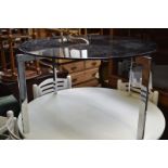 A Mies Van Der Rohe style Barcelona coffee table, chrome X frame stand, 91cm squarE.