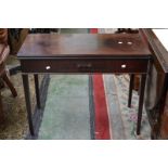 A George III mahogany tea table, moulded hinged top, single drawer to frieze, later handle,